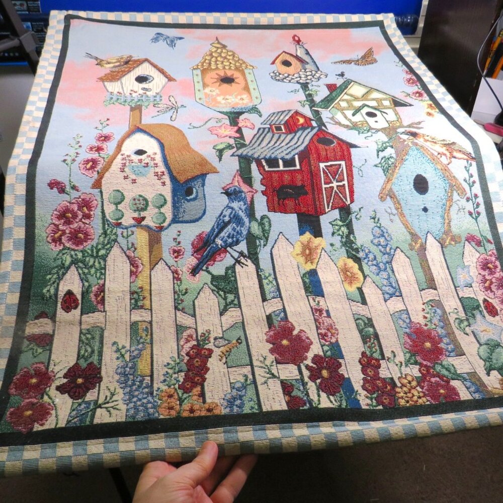 Birds & Birdhouse Wall Tapestry with wood dowels top & bottom Spring
